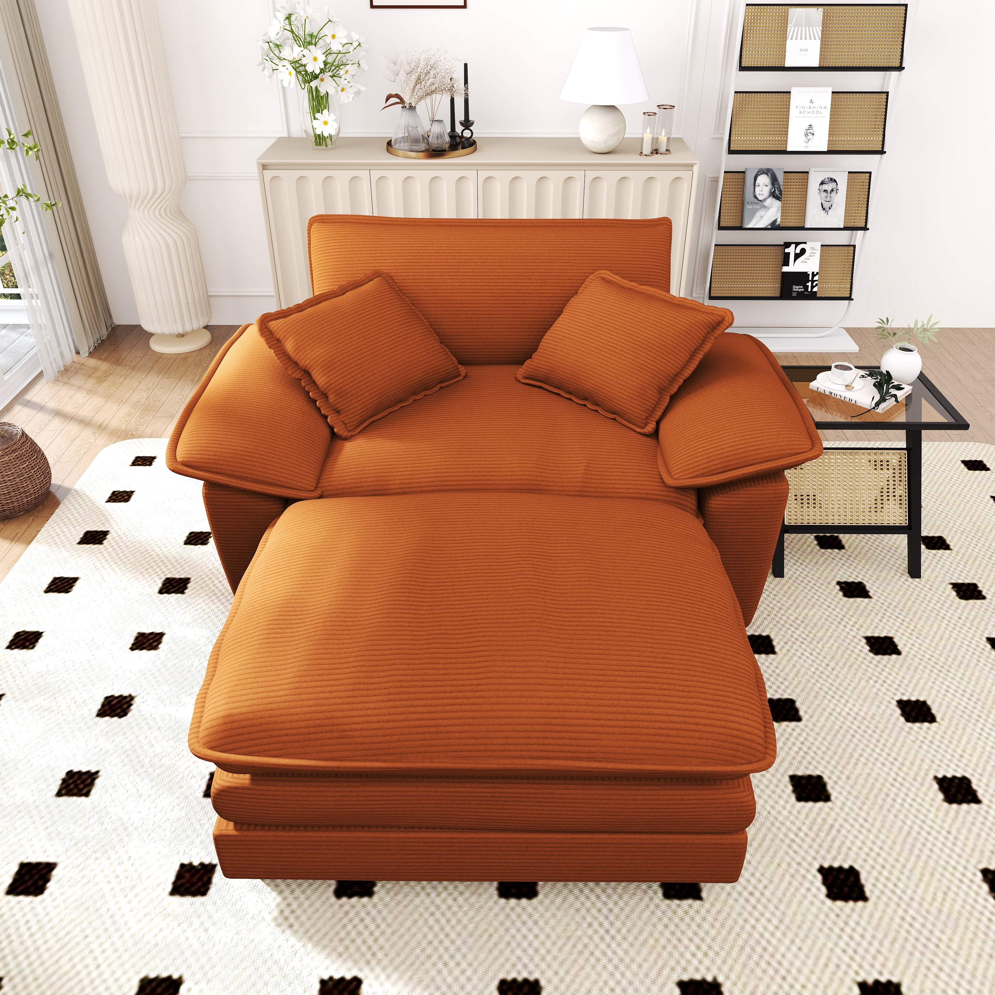 Lunale Oversized Lounge Chair & Ottoman Set - 48" Cloud Corduroy Accent Armchair for Modern Living/Bedroom, Orange Corduroy