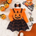 thumbnail image 6 of JAJAHO Baby Girl Halloween Clothes Infant Romper Outfits Long Sleeve Bodysuit Pumpkin Suspender Skirts With Hairbands 3 Piece Set 0-18M Soft Outfit, 6 of 9