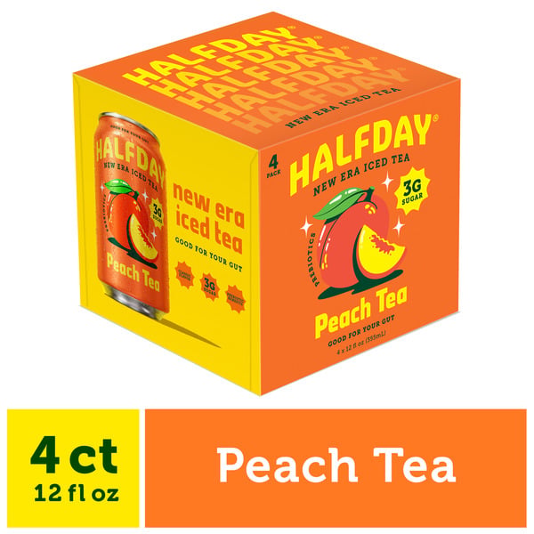 Halfday Prebiotic Peach Iced Tea – 12 fl oz Cans (4-Pack) – Gut-Healthy, Low Sugar, Functional Beverage with Natural Ingredients
