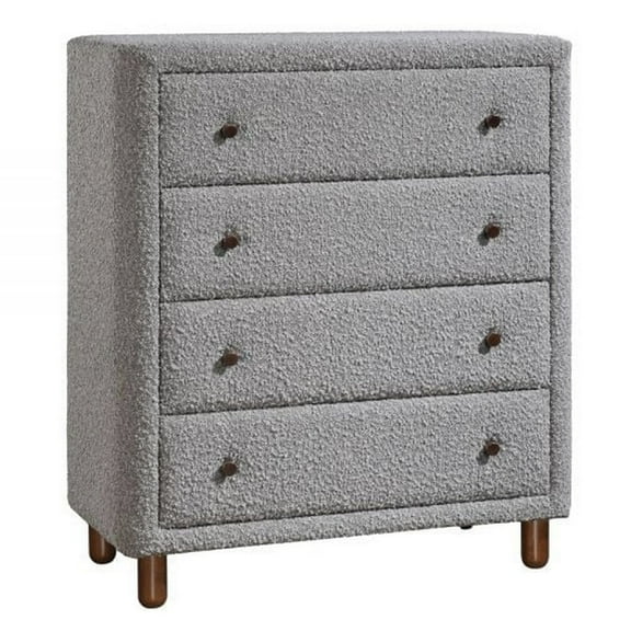Lyno 38 Inch Tall Dresser Chest, 4 Drawers, Gray Boucle Upholstery, Brown