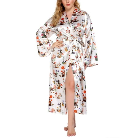 

Lumento Women Long Robe Kimono Nightgown Floral Printed Nightwear Sleepwear Pajamas Nightwear White 4XL
