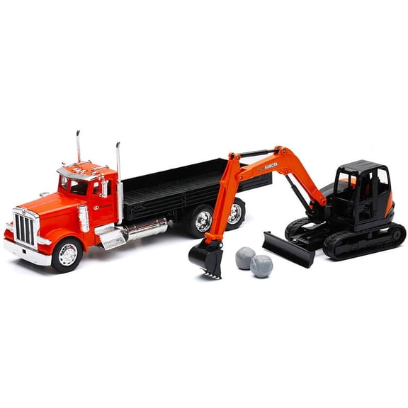New Ray Peterbilt Flatbed Truck with Kubota KX080 4 Excavator Diecast Set 1:32 Scale 2 Piece