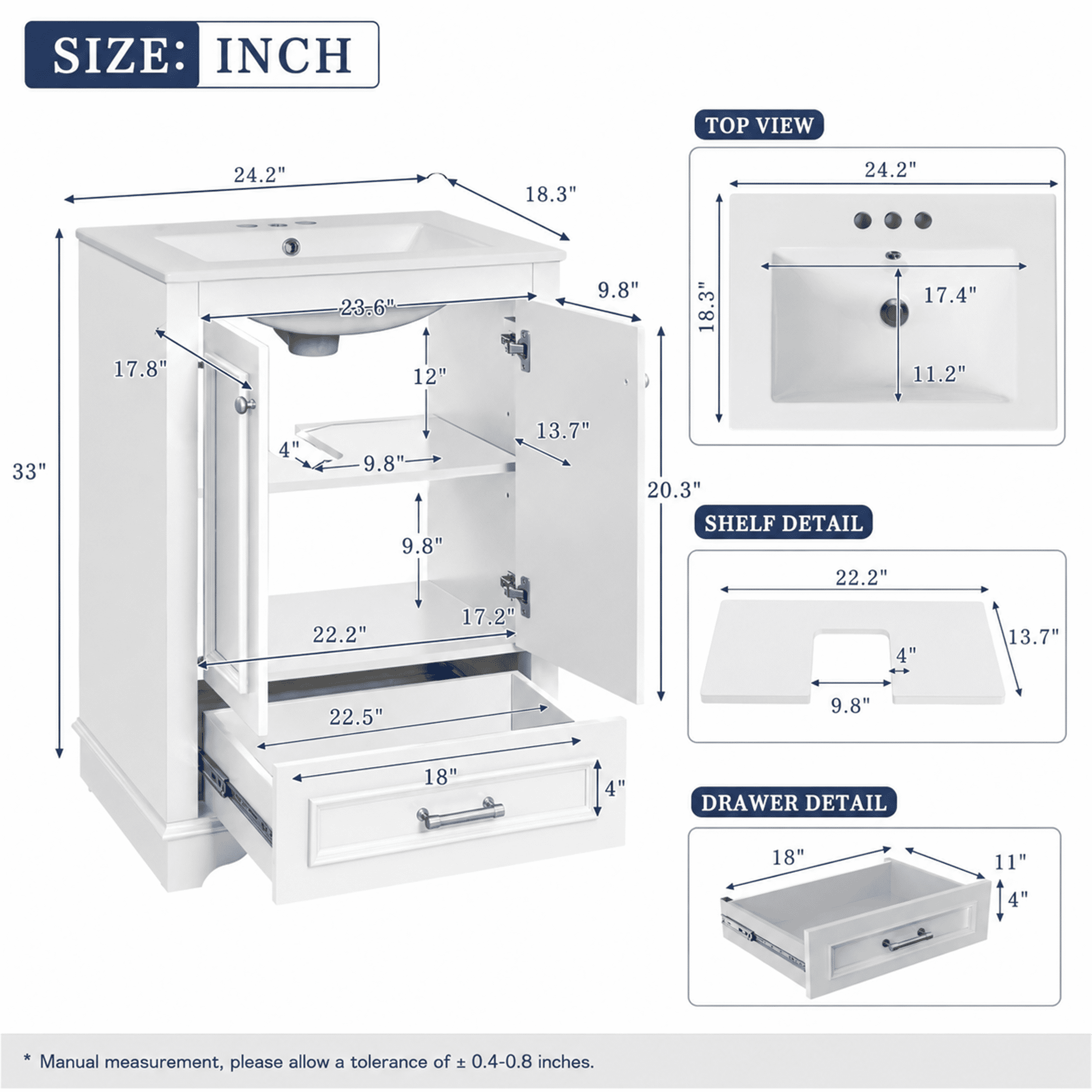 Homy Casa 24" Bathroom Vanity with Ceramic Sink, Soft-Close Doors and Drawer, White