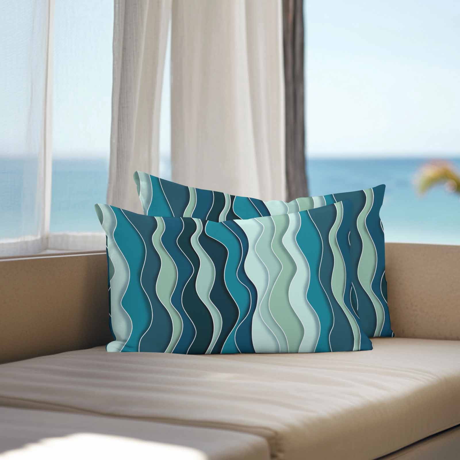 Outdoor Waterproof Throw Pillow Covers Set of 2 Teal Waves Decorative Pillowcases Lumbar Outdoor Pillows Cushion Case 20x12 Inch Abstract Lines Patio Pillows for Couch Sofa Bed Garden