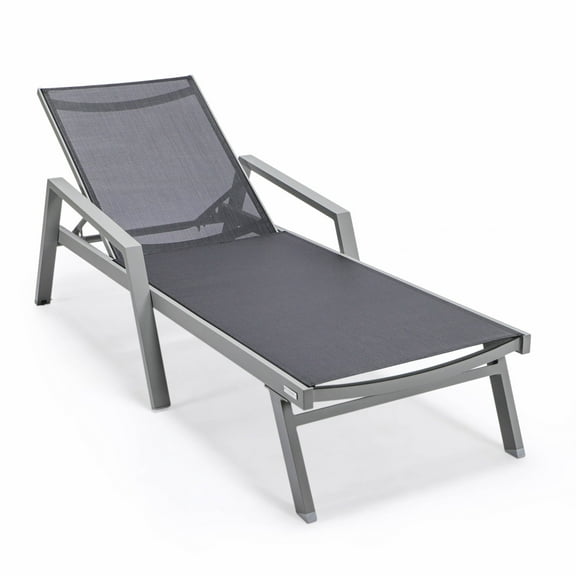 LeisureMod Marlin Outdoor Chaise Lounge Chair with Armrests – Grey Aluminum Frame, Adjustable Reclining Patio Lounger for Poolside, Garden, or Deck - Black