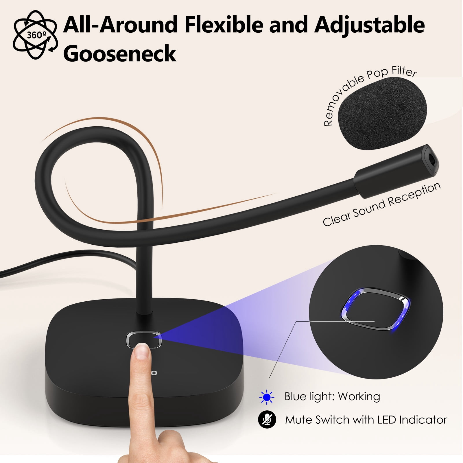 MillSO USB Computer Microphone with Mute Button 360 Degree Adjustable Gooseneck Plug&Play Omnidirectional External Microphone for Laptop, PC, 4.6FT