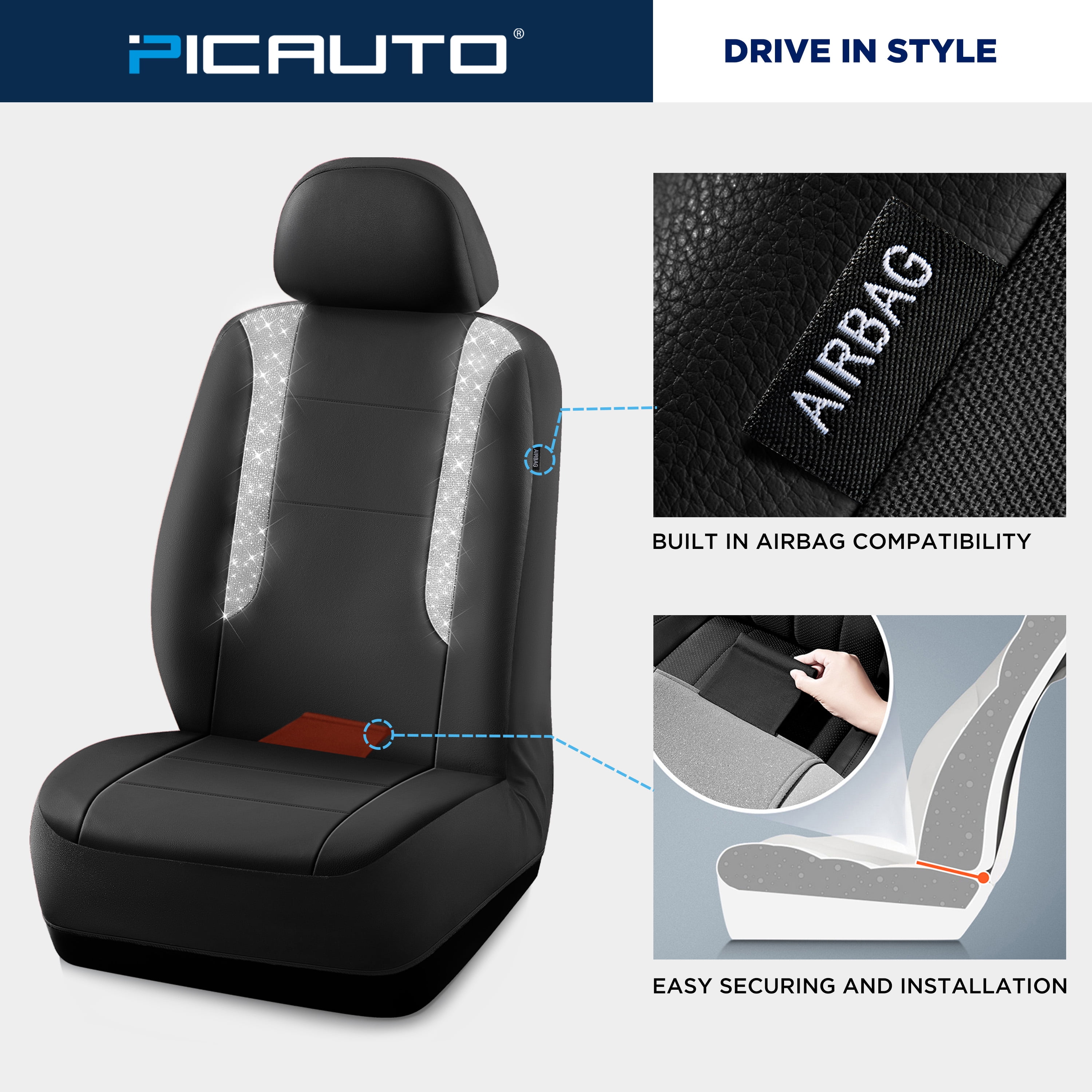 PIC AUTO Car Seat Cover - Sparkly Glitter and Black Leather, Waterproof Front Seat Covers for Girls & Women, Airbag Compatible, Universal Fit