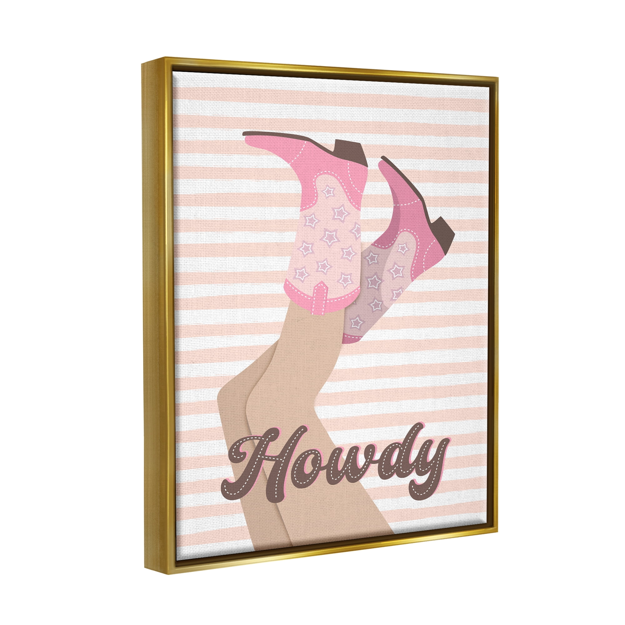 Stupell Industries Howdy Cowgirl on Stripes Abstract Painting Gold Floater Framed Canvas Art Print Wall Art, 17 x 21