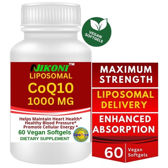Nikoni Liposomal CoQ10 1000 mg Maximum Strength Supports Heart and Brain Antioxidant Support 60 Count Vegan Softgels