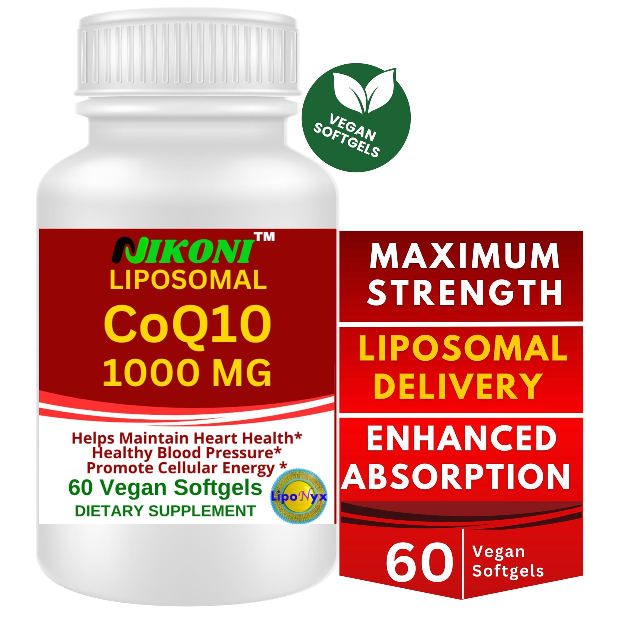 Nikoni Liposomal CoQ10 1000 mg Maximum Strength Supports Heart and Brain Antioxidant Support 60 Count Vegan Softgels