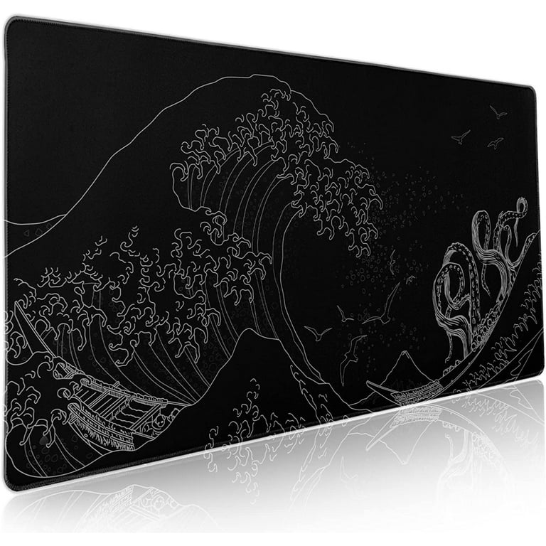 Japanese Wave Mouse Pad Black White Sea Aesthetic Moon Extended Desk Mat  Non-Slip Rubber Base with Stitched Edge Large Playmat for Gaming Laptop  Computer,35.4×15.7 in 