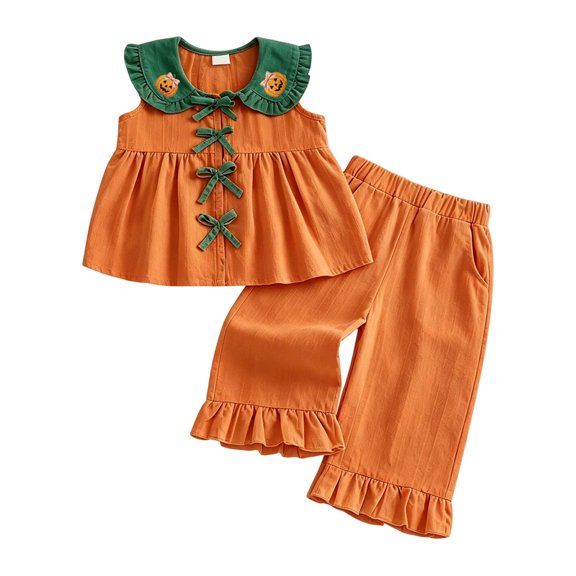 XAOFW Baby Girls Halloween Outfits Pumpkin Sleeveless Pinafore Bodice Loose Pants Toddler Kids Fall Cute Clothing Sets 6-12 Months