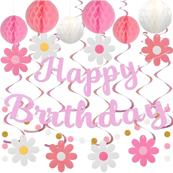 Kidditouch Happy Birthday Party Decorations, Pre-Strung Pink Happy Birthday Banner for Women Men Boys Girls