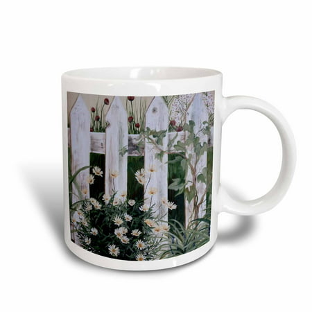 3dRose Weathered White Picket Garden Fence with Daisies and Vines, Ceramic Mug, 11-ounce