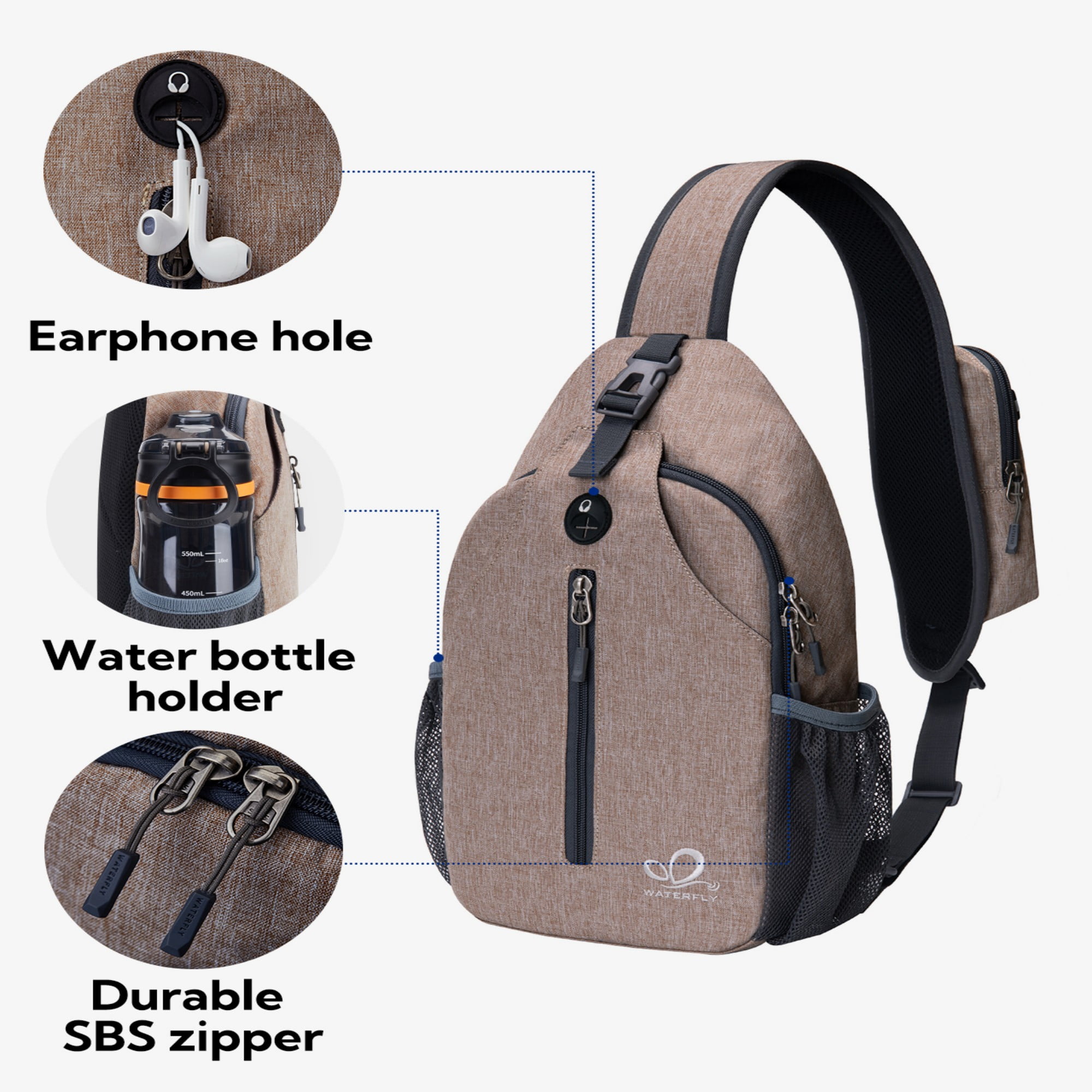 WATERFLY Unisex Hiking Travel Nylon Sling Bag Cross-Body Shoulder Chest Bag,Khaki