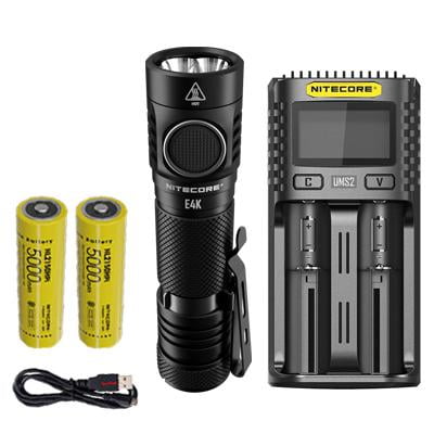 Combo: NITECORE E4K Next generation Flashlight - 4400 Lumens w/NL2150HPi  and  NL2150HPR Batteries  UMS2 Intelligent Charger  and  Eco-Sensa USB Cord