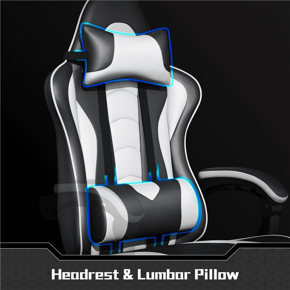 Alden Design Ergonomic High Back Gaming Chair with Massage Lumbar Pillow, Black/White