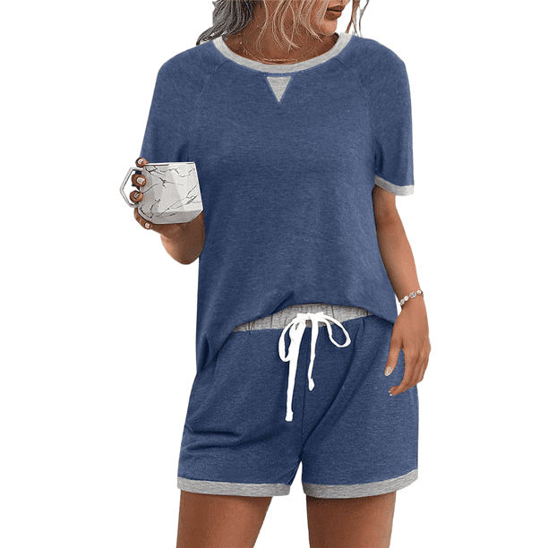 Conjuntos de Salón para Mujer, Conjunto de 2 Piezas, Ropa de Estar por Casa, Conjunto de Top y Pantalones Cortos de Corta con Bloques de Color, Ropa de Verano 2025, Azul L