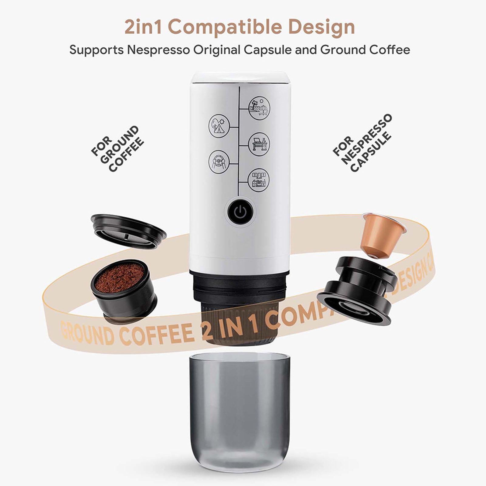 Riousery Portable Coffee Maker 17Bar Electric Espresso Machine for Travel, Powder and Capsules Compatible, BPA Free, 13.39 inches / 34 cm, White