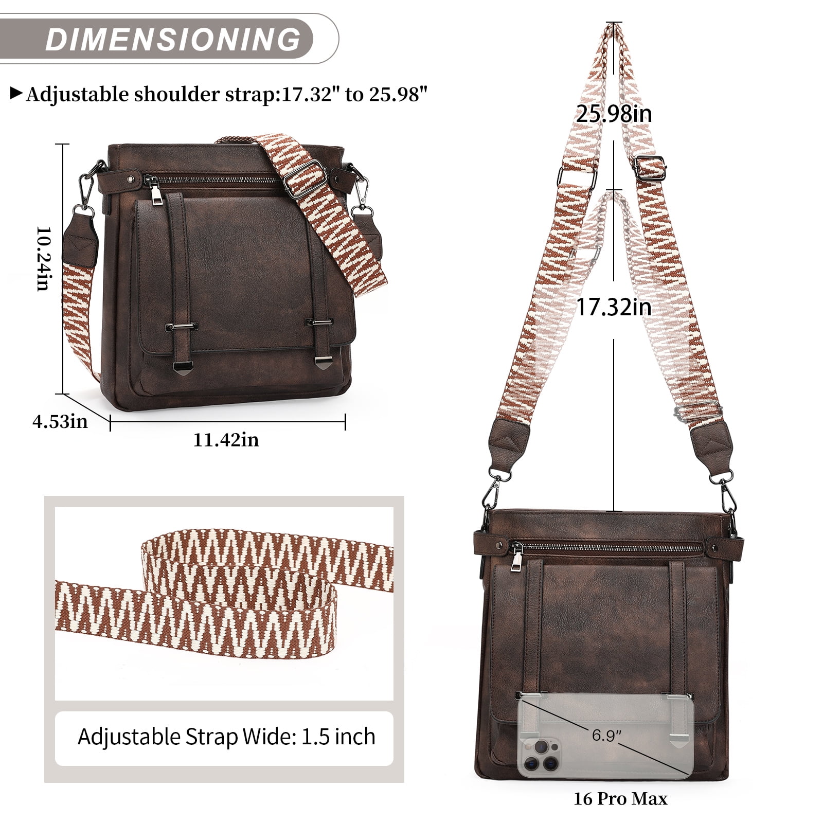 KALUNMA Crossbody Bags for Women Multi Pocket Vegan Leather Shoulder Handbags Travel Purse with Adjustable Strap