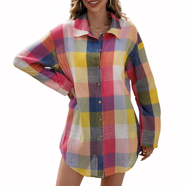 Camisa a cuadros suelta para mujer Botones de manga larga Camisas largas casuales Eccomum Amarillo/Pequeña