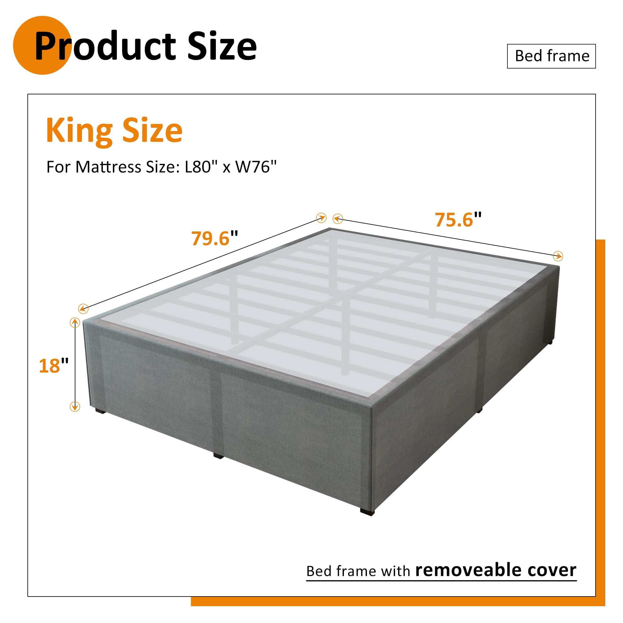 Lutown-Teen 18 inch Bed Frame king Size with Fabric Cover, No Box Spring Needed, Easy to Install, Black