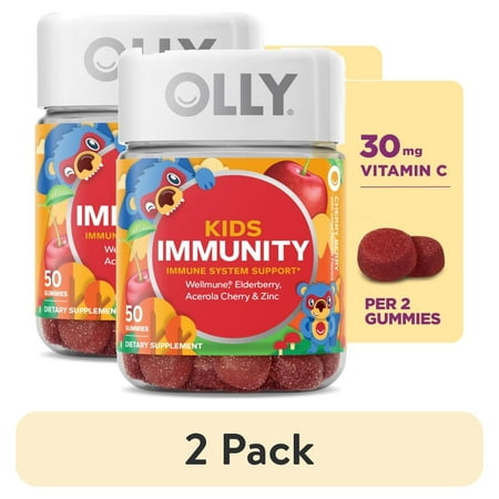 (2 pack) OLLY Kids Immunity Gummy Supplement with Wellmune and Elderberry, Cherry Berry, 50 Ct