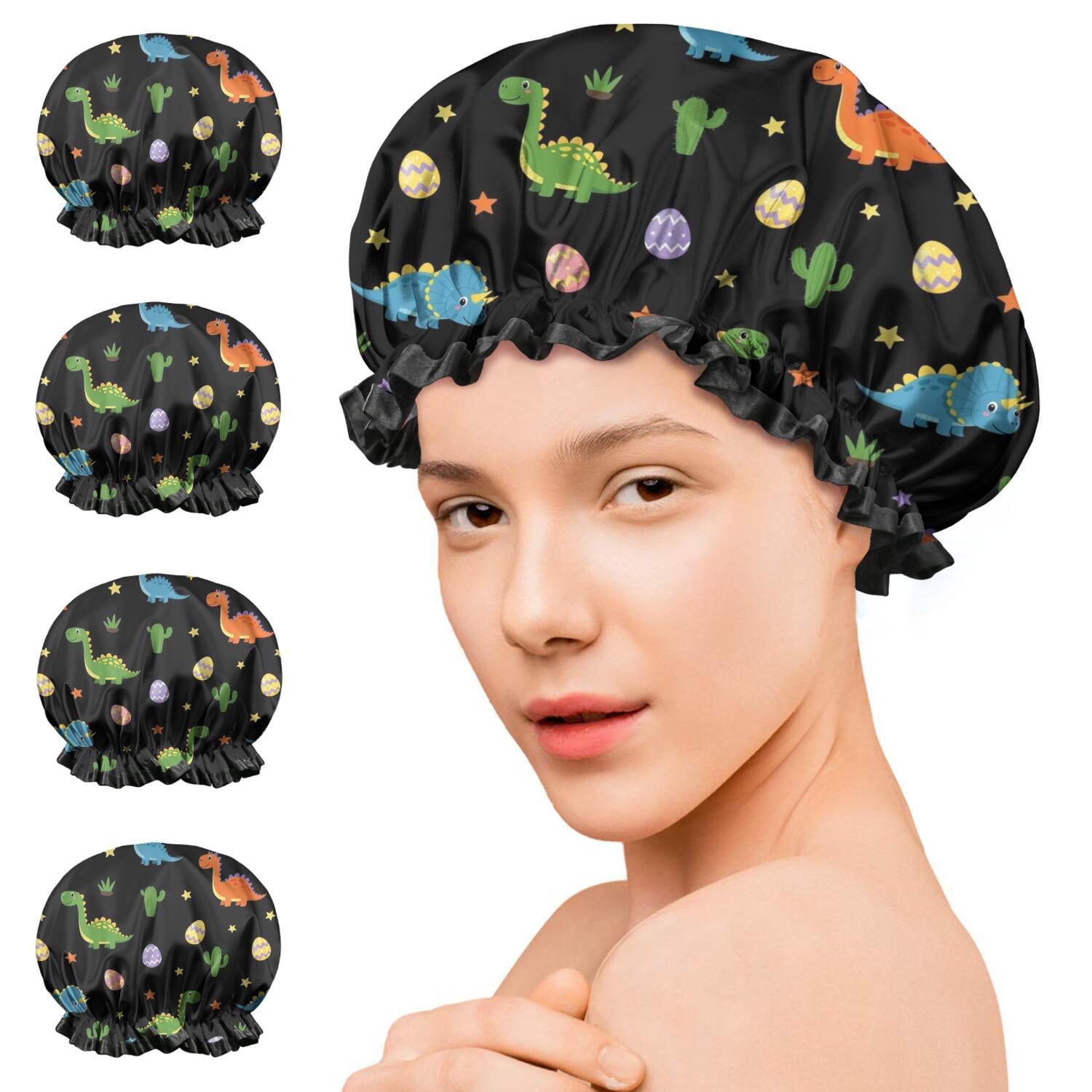 Shower Caps,Black Dinosaurs Eggs Cacti Pattern Waterproof Shower Cap for Women 4 Pieces,Double Reusable Hair Cover for Shower PEVA Elastic Stretch Hem