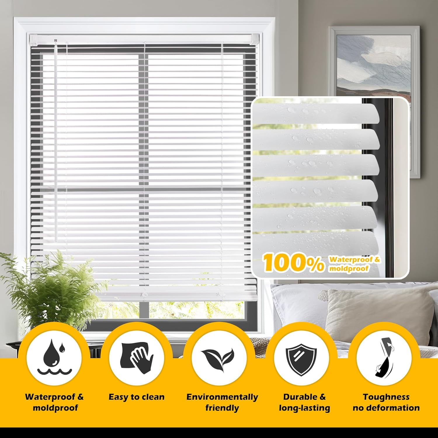 LazBlinds Cordless 1" Vinyl Horizontal Mini Blinds, Light Filtering Blinds for Windows, Blinds and Shades for Windows Size 52" W x 64" H, White