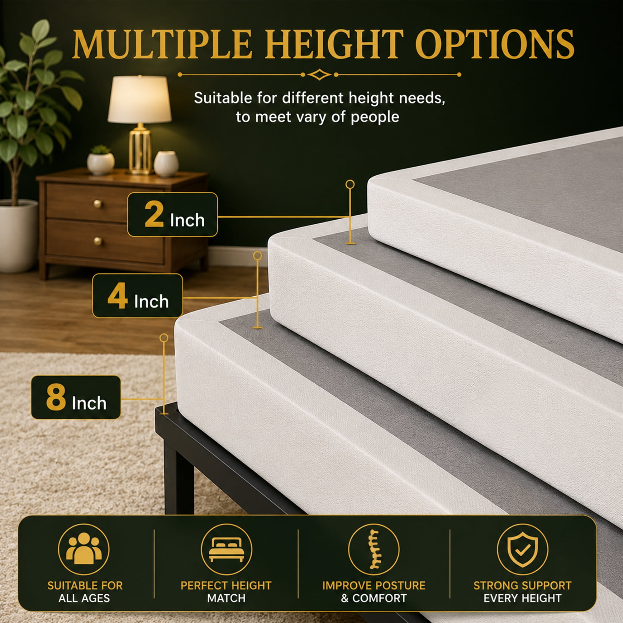 Continental Sleep, 4-Inch Wood Solid Surface Box Spring Bed Base Queen Size, Quiet Noise Free, 2-Pieces Under Mattress-Support Box Spring, Fully Assembled, White