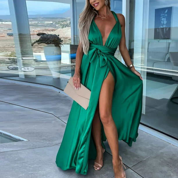 green emerald velvet dress Zapaka Women Eucalyptus Bridesmaid Dress with Slit A Line V-Neck Ruffled Long Wedding Guest Dress, Eucalyptus / US2 main image 0