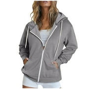 Full Zip-up Jackets with Pockets for Women Cotton Fleece Plain Hoodie Outwear Drawstring Hooded Sweatshirt Coat (X-Large, Gray 01)