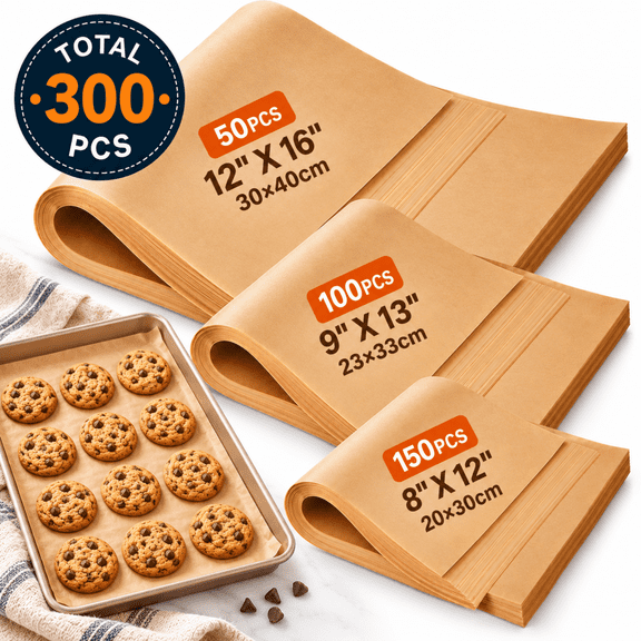 ChrumpTon 300 Pcs Parchment Paper Sheets, 3 Sizes 8x12, 9x13 & 12x16 Inches, Precut Non-Stick Unbleached Parchment Sheets for Baking, Cooking, Air Fryer, Bread, Cakes & Cookies