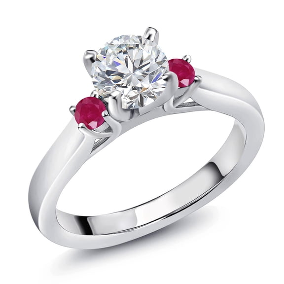 Gem Stone King 925 Sterling Silver Lab Grown Diamond and Red Ruby Engagement Ring for Women | 0.86 Cttw | Round 6MM | Gemstone April Birthstone | Size 9