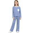 thumbnail image 3 of dazeni Boys Girls 2-15 Years 2 Piece Outfits Color Block Long Sleeve Tops and Straight Leg Pants Lightweight Spring Fall Housewear Sleepwear Blue 11-12Years, 3 of 5
