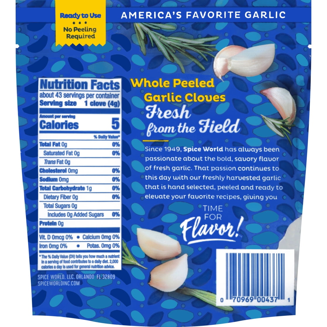 Spice World Fresh Peeled Garlic, 6 oz, Pouch