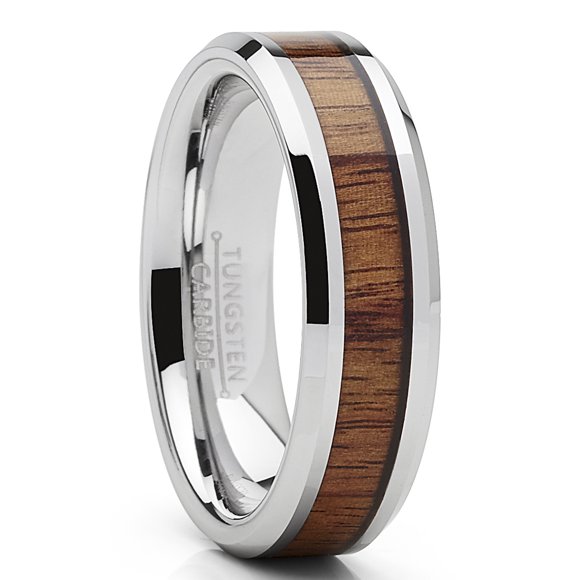 Tungsten Carbide Wedding Band Ring, Real Koa Wood Inlay Men's 6mm 12