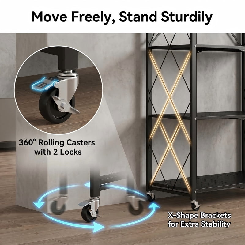 4-Tier Foldable Storage Shelves with Wheels, Heavy Duty Metal Rolling Cart Shelf, No Assembly Collapsible Shelving Unit for Kitchen, Garage, Laundry Room, Black