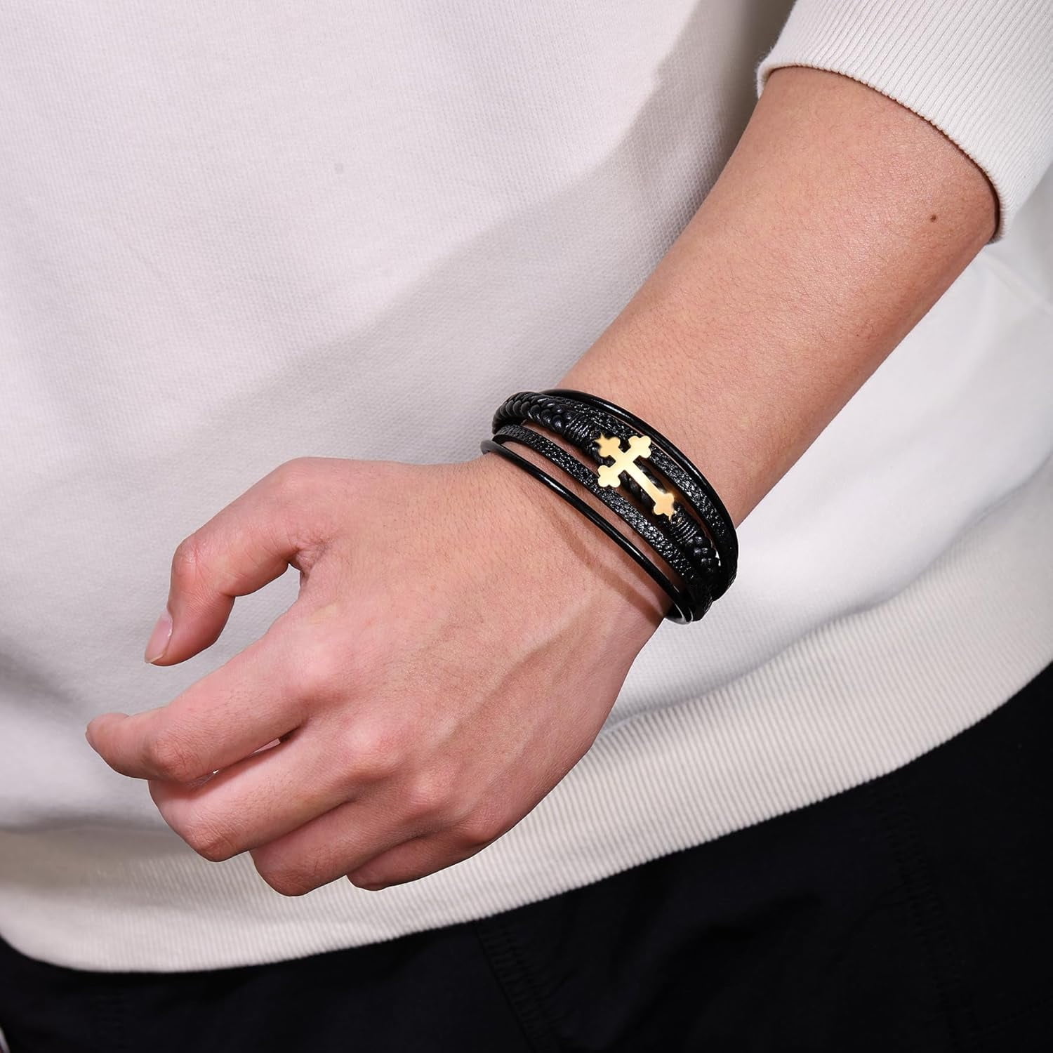 Mens Leather Cross Bracelet Multi-Layer Braided Faith Bracelet Religious Wristband Father's Day Birthday Jewelry Gifts for Men 8.5" Stainless Steel Buckle Bangle