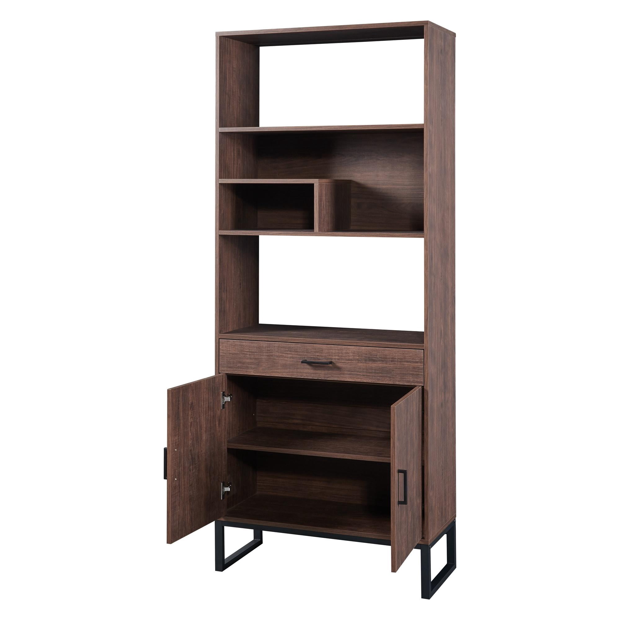 PORKISS Bookshelf with Doors, Wooden Bookcase with Storage Drawer and LED Strip Lights, Freestanding Display Rack Bookcase with Storage for Living Room and Office, Walnut