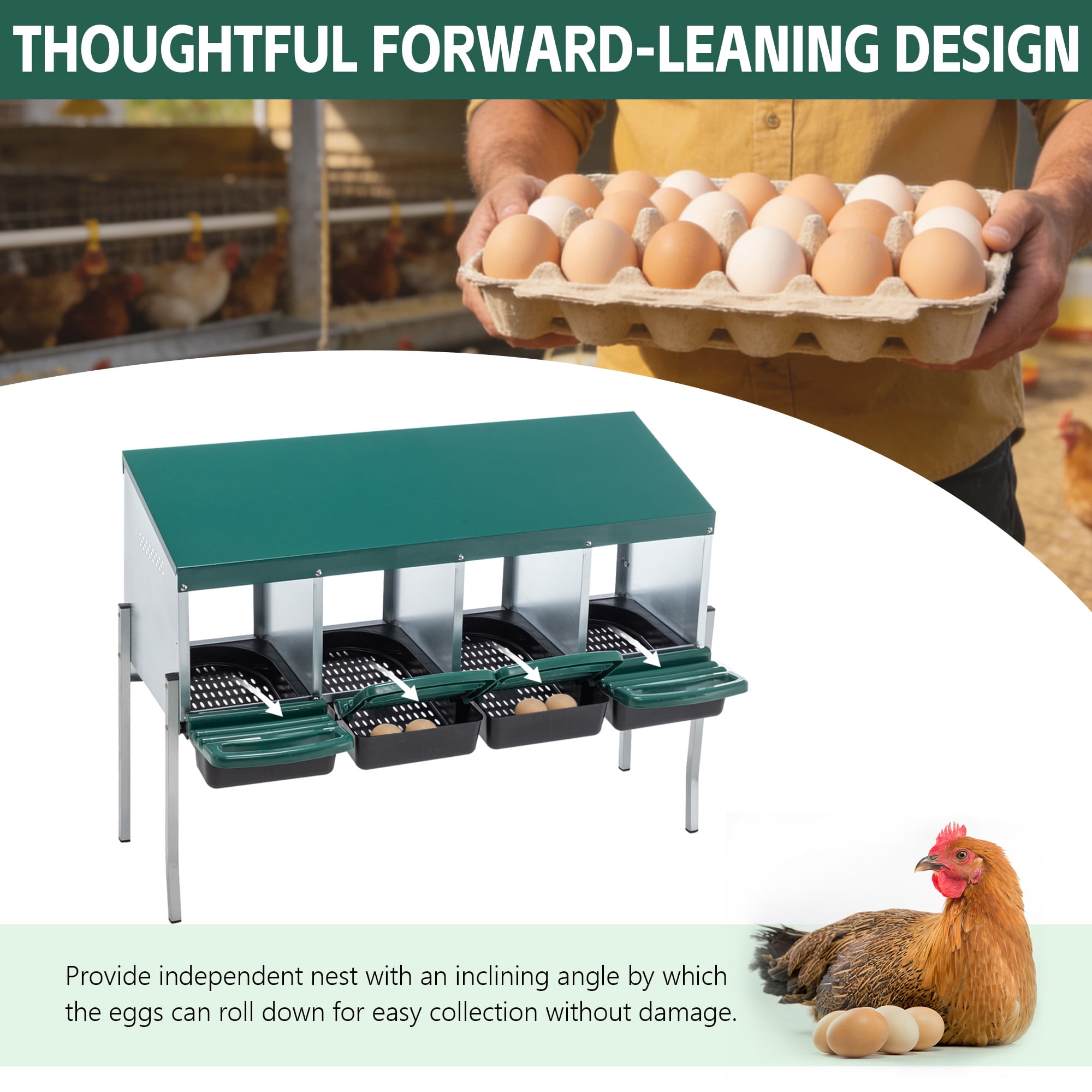 4-Hole Chicken Nesting Box with Legs & Lid Cover, Galvanized Steel Freestanding & Wall-Mount Egg Laying Box, Green Poultry Nest Box for Coop Farm