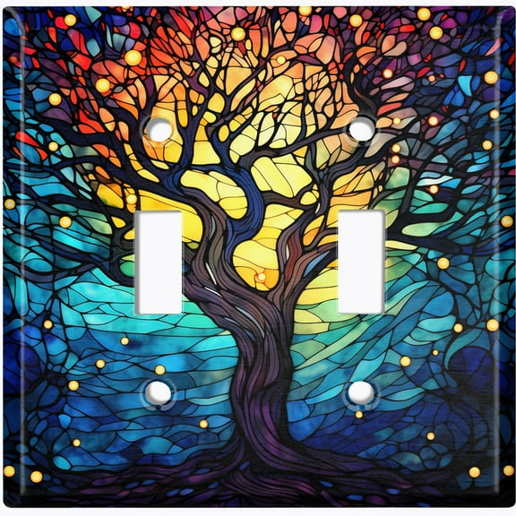 Metal Light Switch Wall Plate Outlet Cover (Printed Image of Stained Glass Tree - Double Toggle)