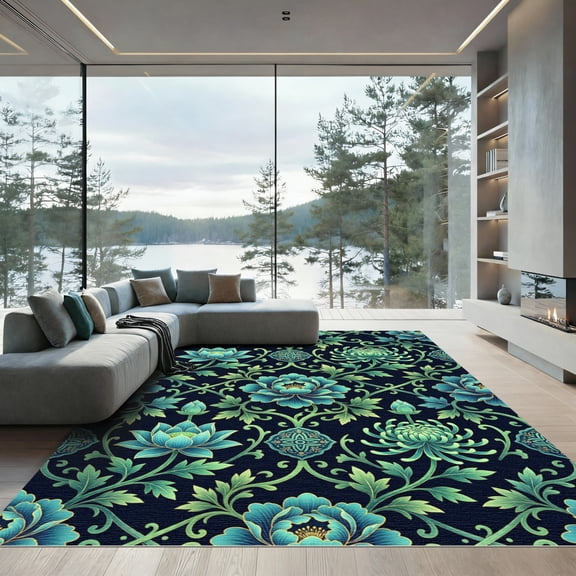 ODIKA 4'x6' Machine Washable Non-Slip Area Rug, Chinoiserie Teal High Traffic Rug, Blue, 1306452