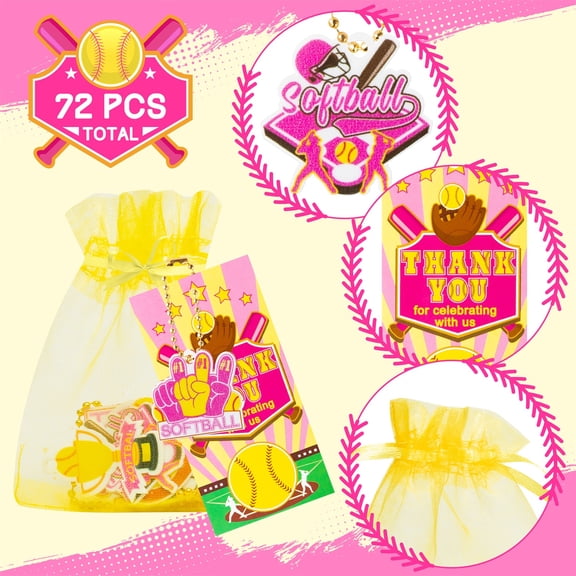 Grobro7 Softball Party Favors Kit with Thank You Kraft Tags Organza Bags Keychain, 72Pieces