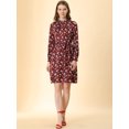 thumbnail image 2 of Vestido Floral De Una Línea De Manga Larga Con Columpio Hasta La Rodilla Y Cuello Simulado Para Mujer Rojo vino satinado S, 2 of 6