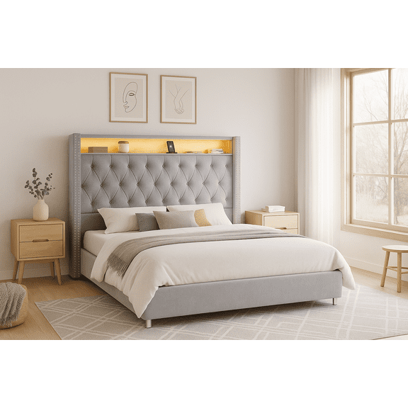 Merluxy LED King Bed Frame,Charging Station and Storage Upholstered Headboard/Velvet/Gray
