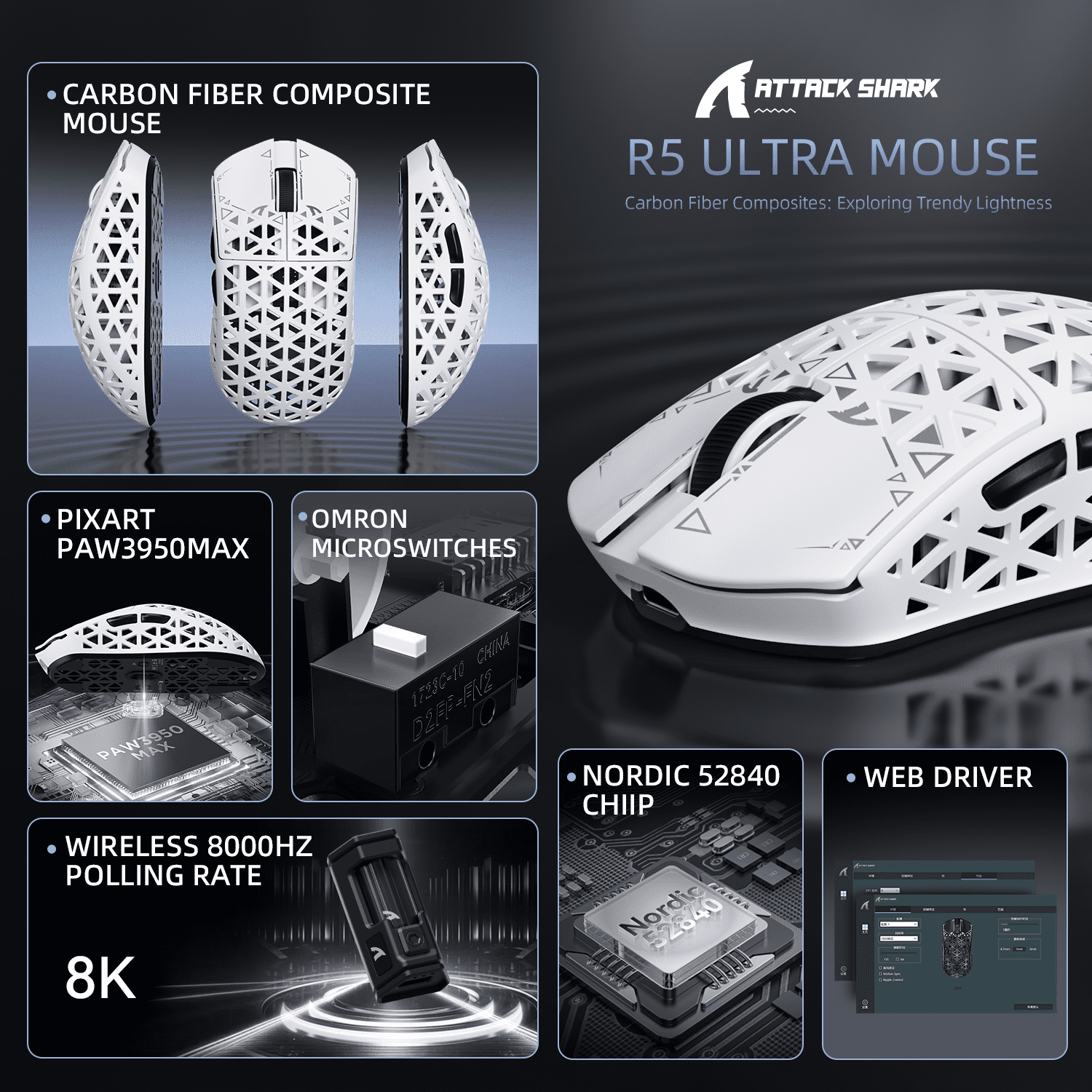 ATTACK SHARK R5Ultra Carbon Fiber Wireless 8K PAW3950MAX Gaming Mouse with 8K Coiled Cable,39g SUPERLIGHT, 8K Hz Wireless Polling Rate, MCU Nodic 52840, DPI up to 42000, BT/2.4G Wireless/Wired