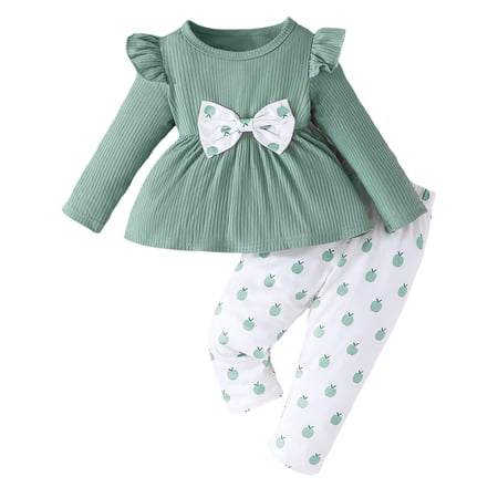 GobdXE Toddler Girls 2 Piece Outfit Ruffle Sleeve Bow Front Ribbed Top and Print Long Pants Spring Fall Casual Clothing Set 9-12 Months Light Green