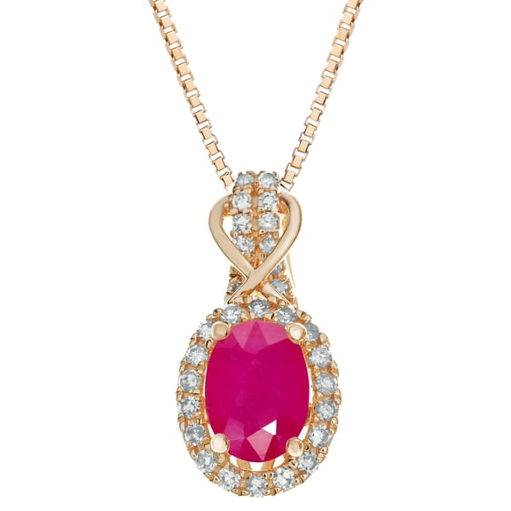 10K Rose Gold Red Ruby and .15 cttw Diamond Oval Birthstone Pendant