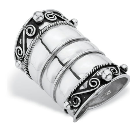 - Bohemian Wide Cigar Band-Style Scroll Ring Band in Antiqued Sterling Silver